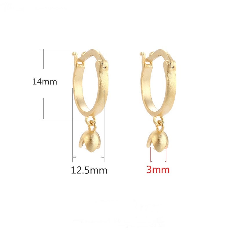 Round Cup Pin Latch Hinged Hoop Earrings Setting Bezel Sterling Silver Gold Fine 925 3 mm For One Pearl Bead No Prongs DIY Jewelry Wholesale