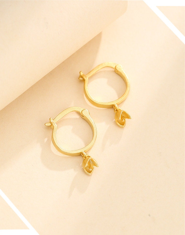 Round Cup Pin Latch Hinged Hoop Earrings Setting Bezel Sterling Silver Gold Fine 925 3 mm For One Pearl Bead No Prongs DIY Jewelry Wholesale