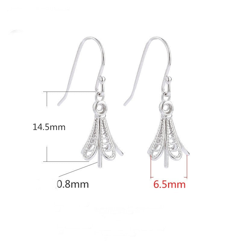 Flower Bell Cup Pin Earrings Hook Setting Fine Sterling Silver White Gold 925 6.5 mm For Two Stones Beads No Prongs DIY Jewelry Wholesale