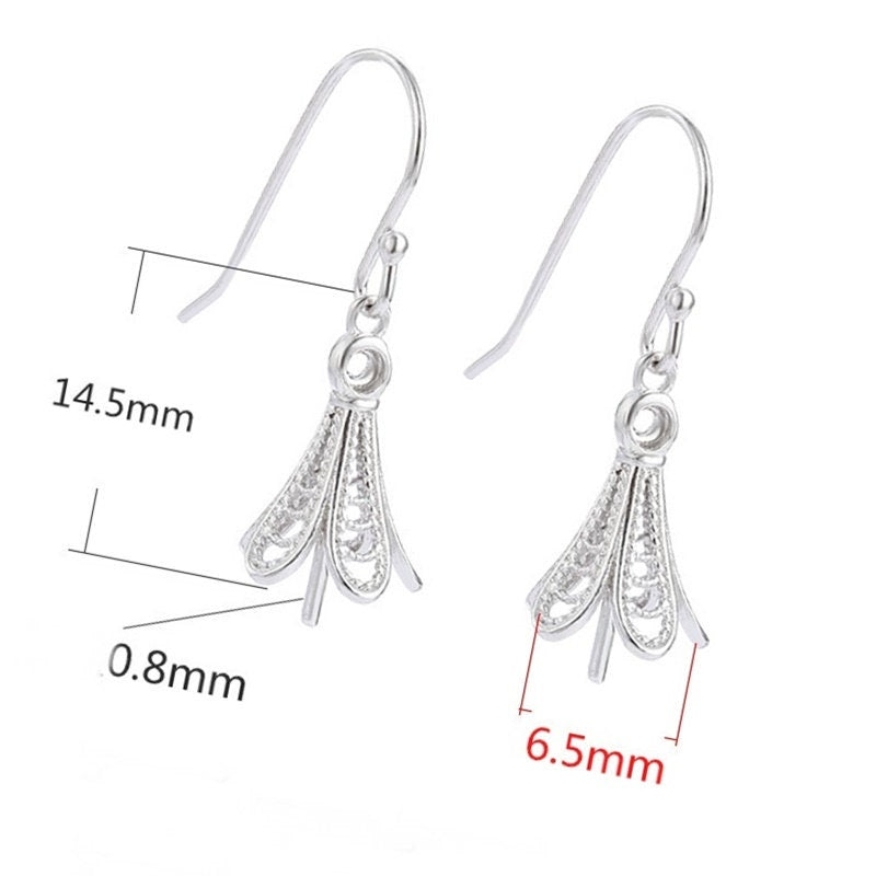 Flower Bell Cup Pin Earrings Hook Setting Fine Sterling Silver White Gold 925 6.5 mm For Two Stones Beads No Prongs DIY Jewelry Wholesale