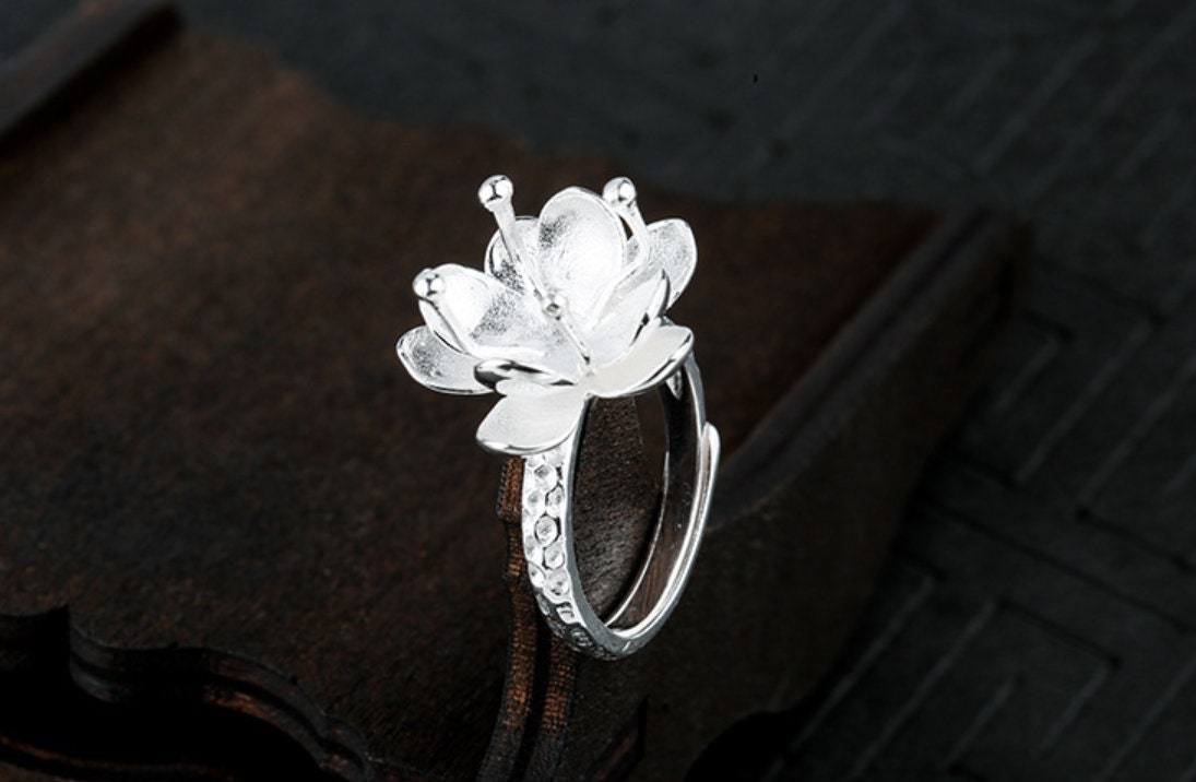 Ring Blank Setting 1pc Sterling Silver 925 Flower Cup Base White Gold Fine 10-11mm For One Pearl Bead Adjustable Four Prongs Wholesale