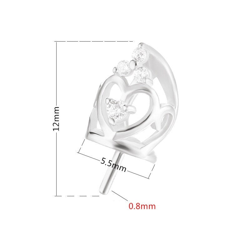 Heart Love Crown Pin Base Pendant Setting Sterling Silver Rose Gold Fine 925 6-12 mm For One Pearl Bead No Prongs DIY Jewelry Wholesale