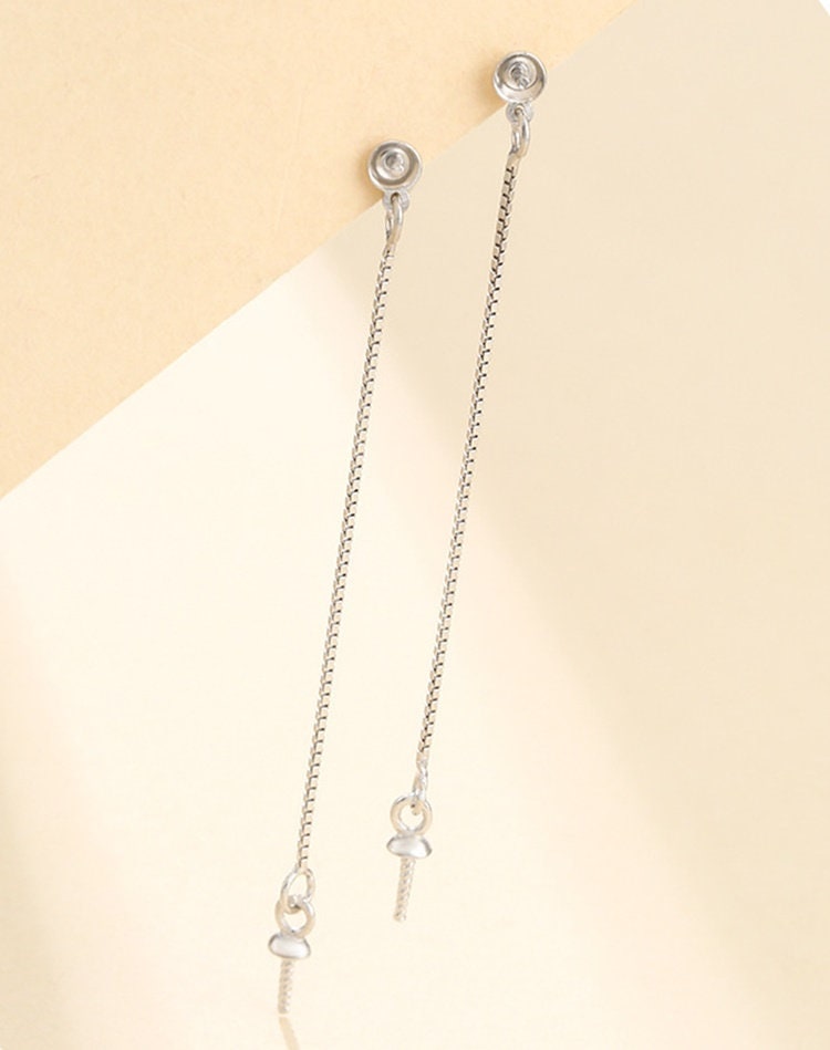 Simple Chain Pin Earrings Stud Setting Sterling Silver White Gold Fine 925 40 60 80 100mm For Two Pearls No Prongs DIY Jewelry Wholesale