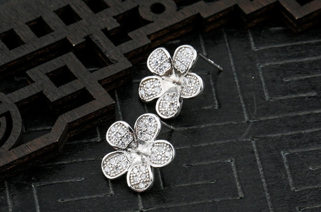 Vinyage Flower Pin Cup Base Earrings Stud Setting Sterling Silver White Gold Fine 925 6-8mm For One Pearl No Prongs DIY Jewelry Wholesale