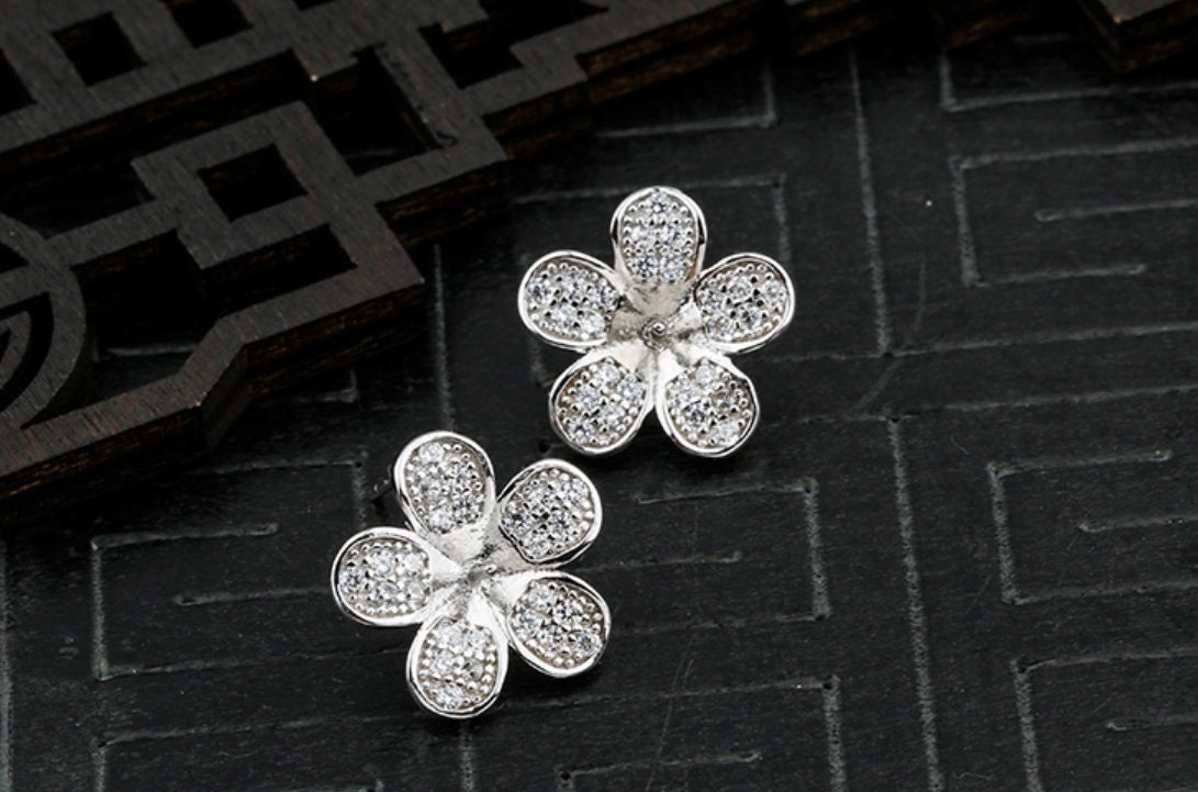 Vinyage Flower Pin Cup Base Earrings Stud Setting Sterling Silver White Gold Fine 925 6-8mm For One Pearl No Prongs DIY Jewelry Wholesale