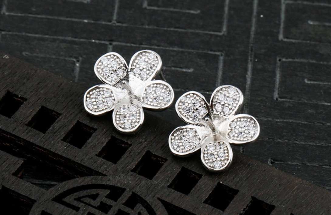 Vinyage Flower Pin Cup Base Earrings Stud Setting Sterling Silver White Gold Fine 925 6-8mm For One Pearl No Prongs DIY Jewelry Wholesale