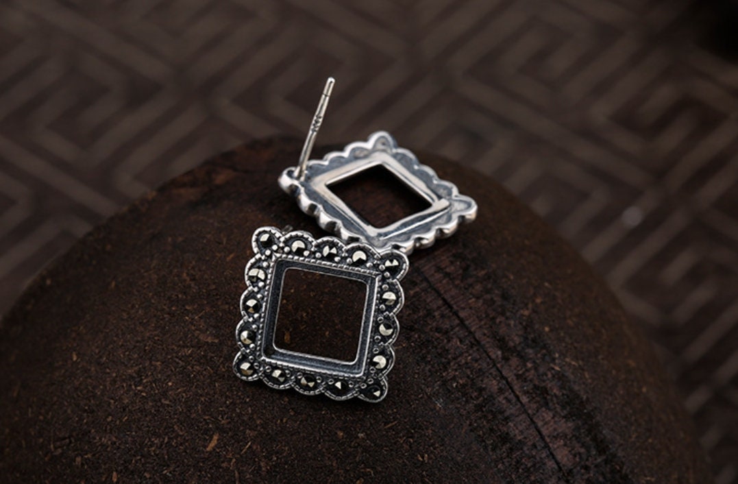 Vintage Square Base Stud Earrings Setting Sterling Silver Fine 925 9x9 mm For One Stone Gemstone No Prongs DIY Jewelry Wholesale