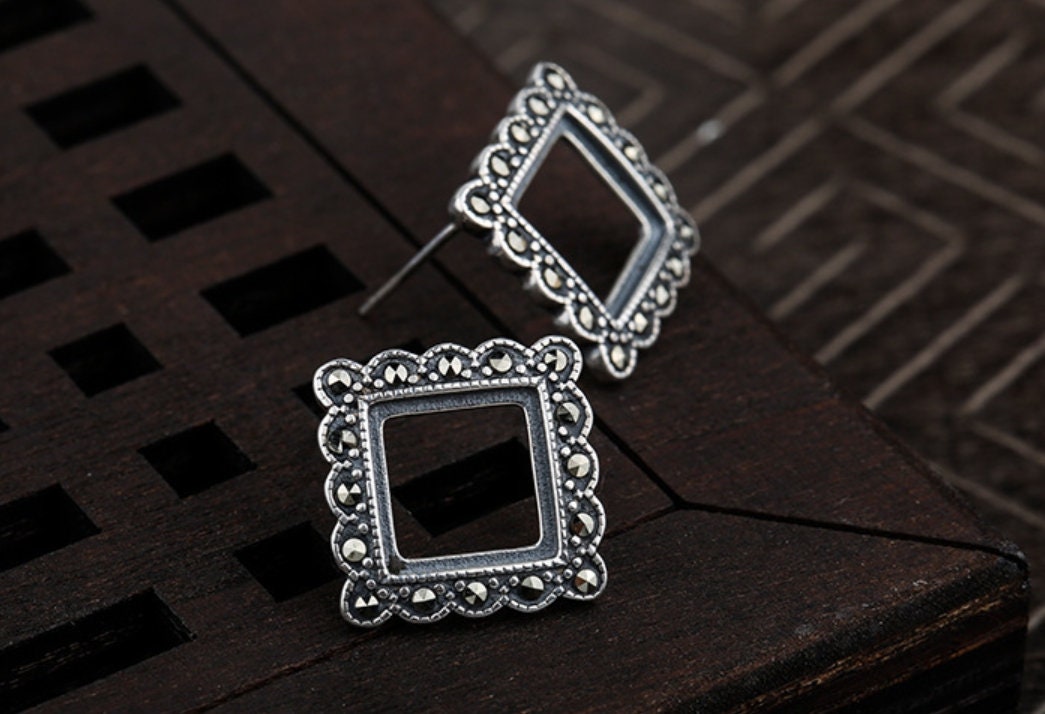 Vintage Square Base Stud Earrings Setting Sterling Silver Fine 925 9x9 mm For One Stone Gemstone No Prongs DIY Jewelry Wholesale