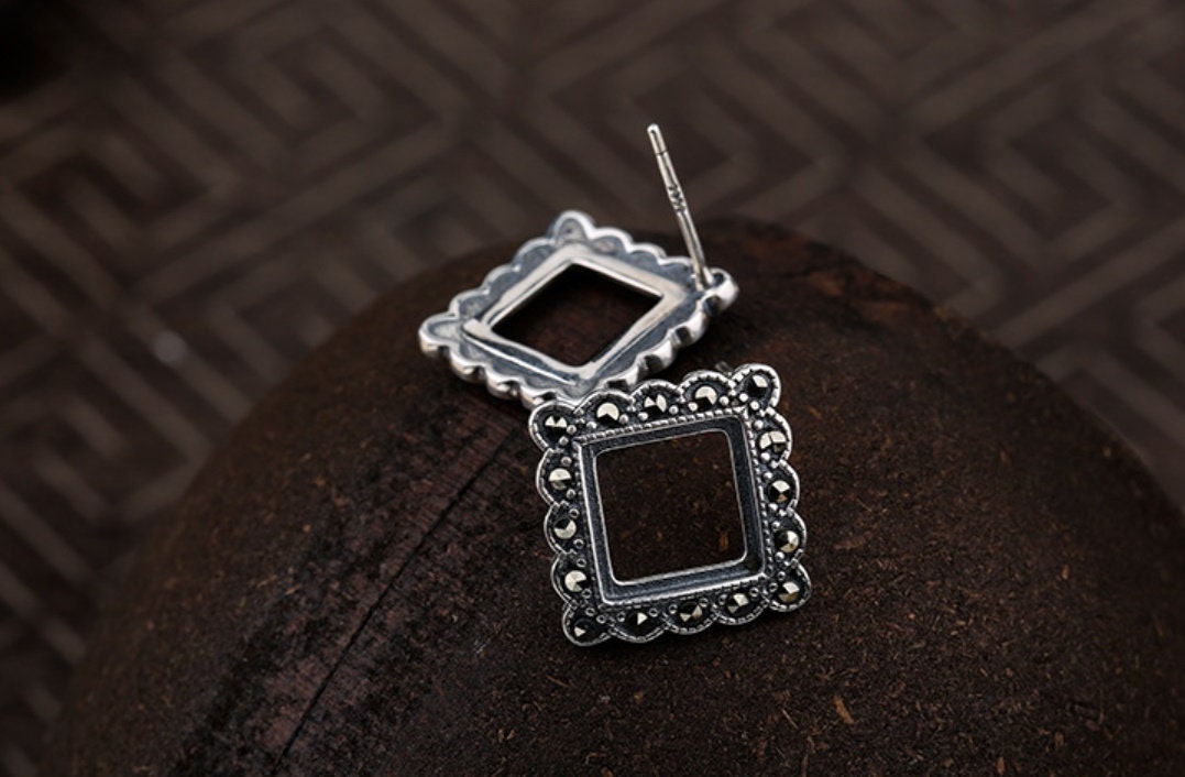 Vintage Square Base Stud Earrings Setting Sterling Silver Fine 925 9x9 mm For One Stone Gemstone No Prongs DIY Jewelry Wholesale