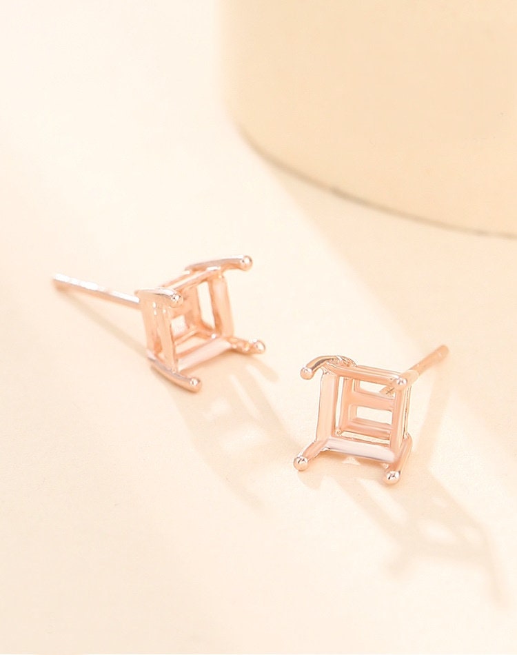 Simple Square Base Stud Earrings Setting Wholesale Sterling Silver Rose Gold Fine 925 4-7mm For One Stone Gemstone Four Prongs DIY Jewelry