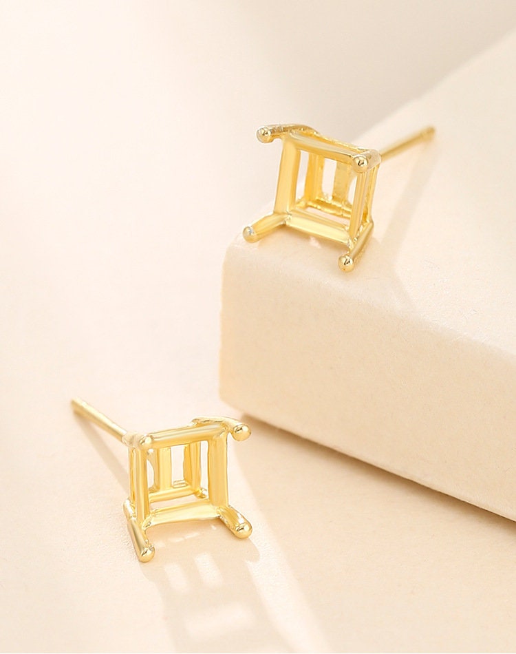 Simple Square Base Stud Earrings Setting Wholesale Sterling Silver Rose Gold Fine 925 4-7mm For One Stone Gemstone Four Prongs DIY Jewelry