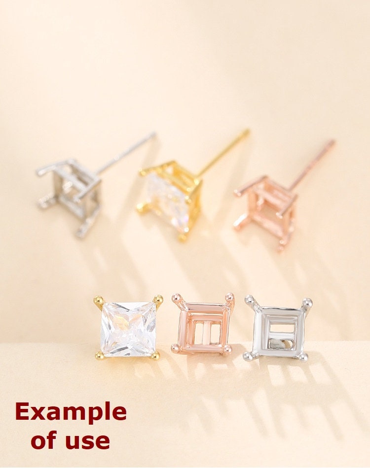 Simple Square Base Stud Earrings Setting Wholesale Sterling Silver Rose Gold Fine 925 4-7mm For One Stone Gemstone Four Prongs DIY Jewelry