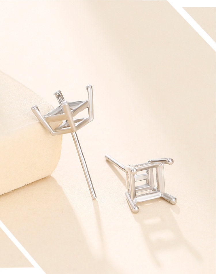 Simple Square Base Stud Earrings Setting Wholesale Sterling Silver Rose Gold Fine 925 4-7mm For One Stone Gemstone Four Prongs DIY Jewelry