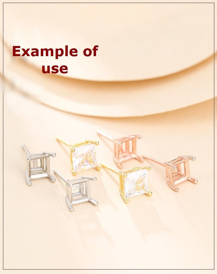 Simple Square Base Stud Earrings Setting Wholesale Sterling Silver Rose Gold Fine 925 4-7mm For One Stone Gemstone Four Prongs DIY Jewelry