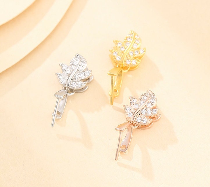 Crystals Leaf Buckle Clip Pendant Setting Sterling Silver Rose Gold Fine 925 3.5x3.5mm For One Stone Bead No Prongs DIY Jewelry Wholesale