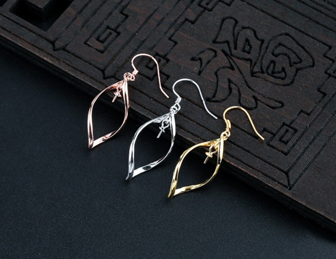 Leaf Shape Cup Pin Earrings Hook Setting Tray Bulk Sterling Silver Gold Fine 925 6-10mm For One Pearl Bead No Prongs DIY Jewelry Wholesale