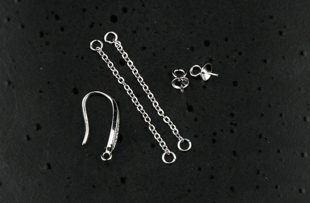 Double Chain Cup Pin Base Earrings Hook Setting Sterling Silver Fine 925 8-10mm For One Or Two Stones Beads No Prongs DIY Jewelry Wholesale