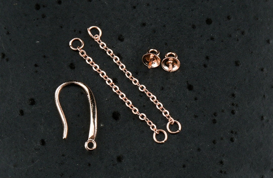 Double Chain Cup Pin Base Earrings Hook Setting Sterling Silver Fine 925 8-10mm For One Or Two Stones Beads No Prongs DIY Jewelry Wholesale