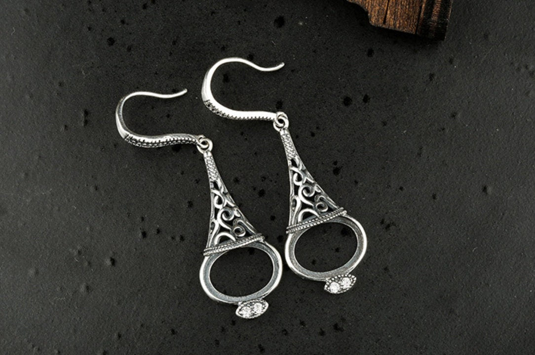 Openwork Cone Oval Base Earrings Hook Blank Setting Sterling Silver Bezel Fine 925 10x13mm For One Stone No Prongs DIY Jewelry Wholesale