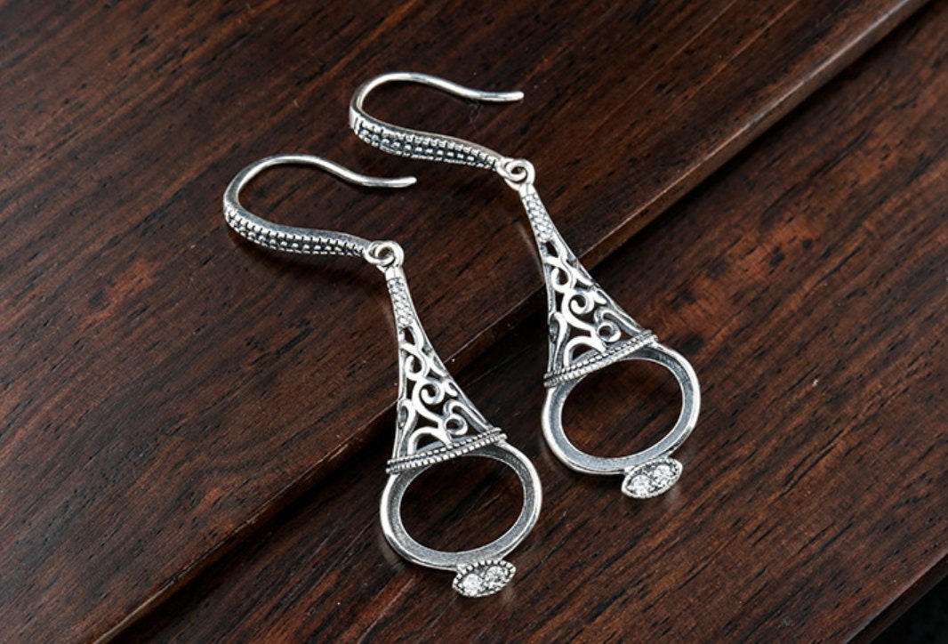 Openwork Cone Oval Base Earrings Hook Blank Setting Sterling Silver Bezel Fine 925 10x13mm For One Stone No Prongs DIY Jewelry Wholesale