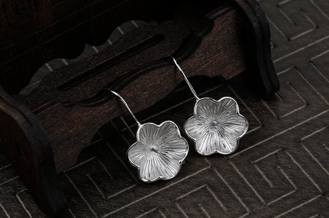 Retro Flower Cup Pin Base Earrings Hook Setting Sterling Silver Fine 925 8-12mm For One Pearl Bead No Prongs DIY Jewelry Wholesale