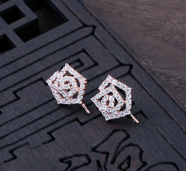 Crystals Rose Flower Pin Cup Earrings Stud Setting Sterling Silver Gold Fine 925 6-10mm For One Pearl Bead No Prongs DIY Jewelry Wholesale