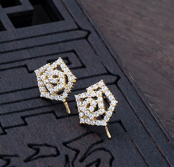 Crystals Rose Flower Pin Cup Earrings Stud Setting Sterling Silver Gold Fine 925 6-10mm For One Pearl Bead No Prongs DIY Jewelry Wholesale