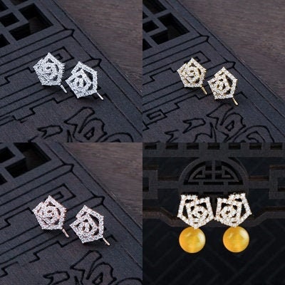 Crystals Rose Flower Pin Cup Earrings Stud Setting Sterling Silver Gold Fine 925 6-10mm For One Pearl Bead No Prongs DIY Jewelry Wholesale