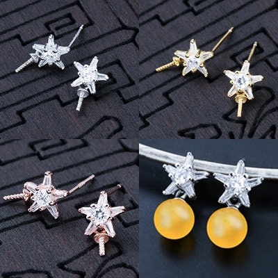 Crystals Star Pin Cup Earrings Stud Setting Bezel Sterling Silver Gold Fine 925 4-8mm For One Pearl Bead No Prongs DIY Jewelry Wholesale