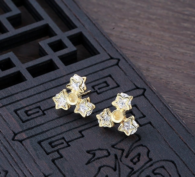 Stars Group Round Base Earrings Stud Setting Sterling Silver Rose Gold Fine 925 4x4mm For One Pearl Bead No Prongs DIY Jewelry Wholesale