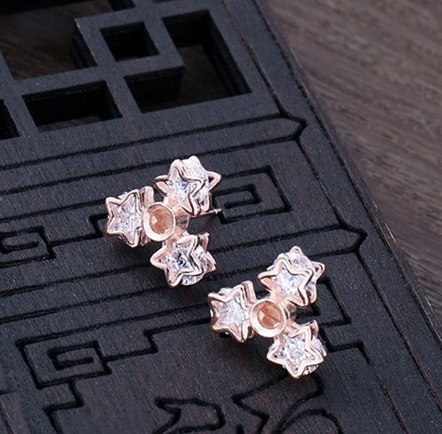 Stars Group Round Base Earrings Stud Setting Sterling Silver Rose Gold Fine 925 4x4mm For One Pearl Bead No Prongs DIY Jewelry Wholesale