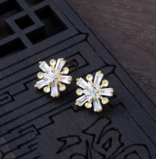 Crystals Snowflake Pin Cup Base Earrings Stud Setting Sterling Silver White Gold Fine 925 3mm For Five Beads No Prongs DIY Jewelry Wholesale