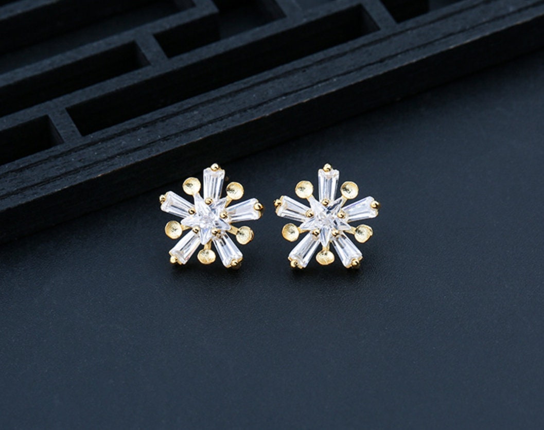 Crystals Snowflake Pin Cup Base Earrings Stud Setting Sterling Silver White Gold Fine 925 3mm For Five Beads No Prongs DIY Jewelry Wholesale