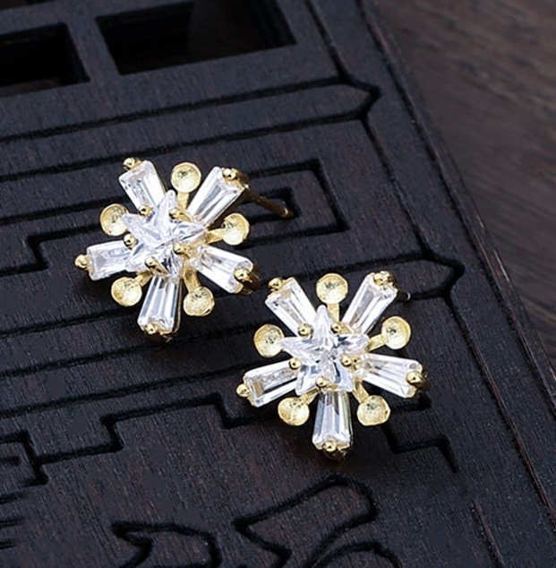 Crystals Snowflake Pin Cup Base Earrings Stud Setting Sterling Silver White Gold Fine 925 3mm For Five Beads No Prongs DIY Jewelry Wholesale