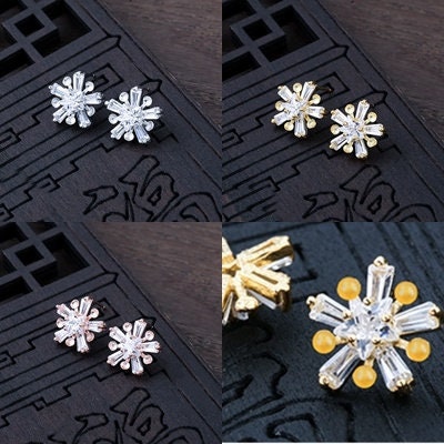 Crystals Snowflake Pin Cup Base Earrings Stud Setting Sterling Silver White Gold Fine 925 3mm For Five Beads No Prongs DIY Jewelry Wholesale