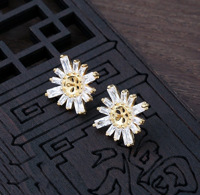 Crystals Flower Pin Cup Earrings Stud Blank Setting Sterling Silver Gold Fine 925 8mm For One Pearl Bead No Prongs DIY Jewelry Wholesale