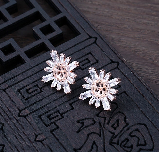 Crystals Flower Pin Cup Earrings Stud Blank Setting Sterling Silver Gold Fine 925 8mm For One Pearl Bead No Prongs DIY Jewelry Wholesale