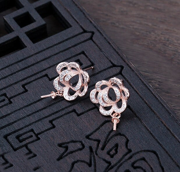 Flower Pin Cup Base Earrings Stud Setting Sterling Silver White Gold Fine 925 6-10mm For One Pearl Bead No Prongs DIY Jewelry Wholesale