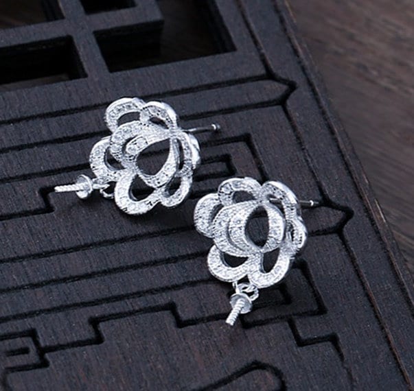 Flower Pin Cup Base Earrings Stud Setting Sterling Silver White Gold Fine 925 6-10mm For One Pearl Bead No Prongs DIY Jewelry Wholesale