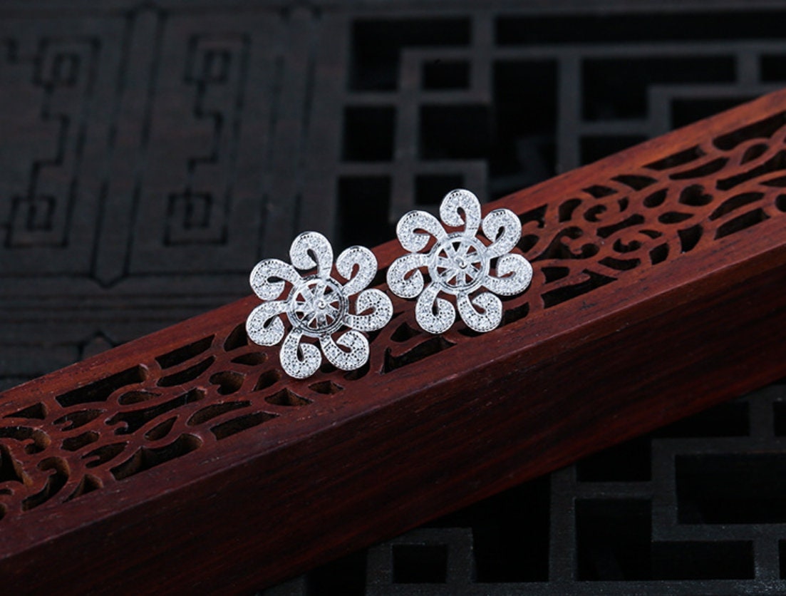 Crystals Flower Pin Cup Base Earrings Stud No Prongs Setting Sterling Silver White Gold Fine 925 7-10mm For One Pearl DIY Jewelry Wholesale