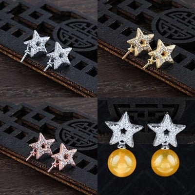 Crystals Star Pin Cup Earrings Stud Setting Bezel Sterling Silver Gold Fine 925 6-8mm For One Pearl Bead No Prongs DIY Jewelry Wholesale