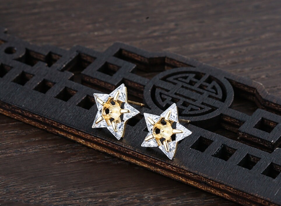 Crystals Stars Cup Pin Base Earrings Stud Setting Sterling Silver Rose Gold Fine 925 4-5mm For One Bead No Prongs DIY Jewelry Wholesale