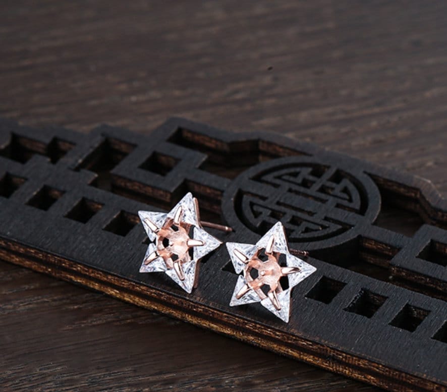 Crystals Stars Cup Pin Base Earrings Stud Setting Sterling Silver Rose Gold Fine 925 4-5mm For One Bead No Prongs DIY Jewelry Wholesale