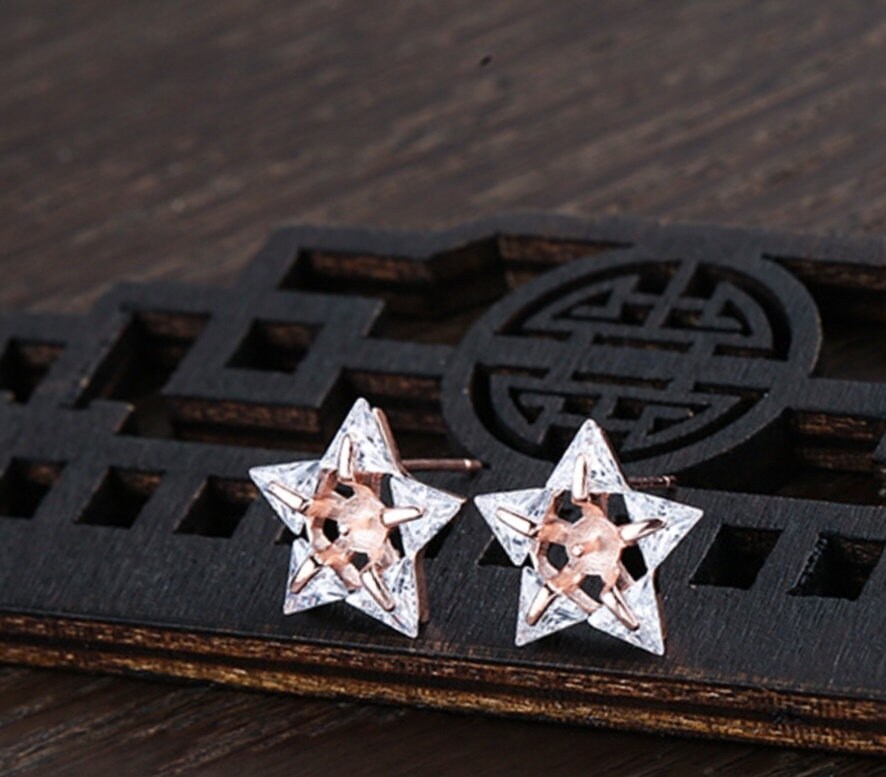 Crystals Stars Cup Pin Base Earrings Stud Setting Sterling Silver Rose Gold Fine 925 4-5mm For One Bead No Prongs DIY Jewelry Wholesale