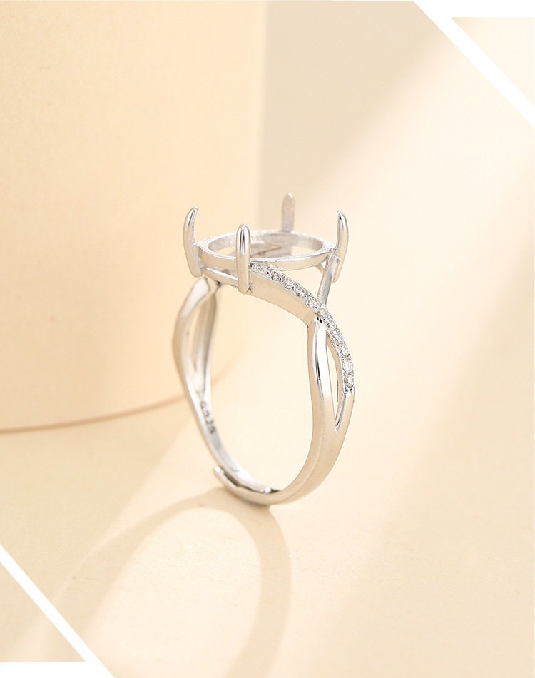 Ring Blank Setting 1pc Sterling Silver 925 Crystals Oval White Gold Fine 10x12mm For One Stone Gemstone Adjustable Four Prongs Wholesale