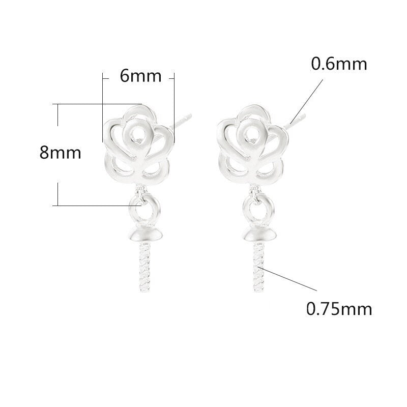 Rose Flower Pin Base Stud Earrings Setting Sterling Silver White Gold Fine 925 6x8mm For One Pearl Bead No Prongs DIY Jewelry Wholesale