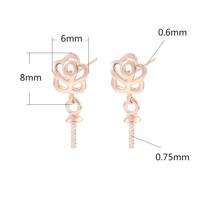 Rose Flower Pin Base Stud Earrings Setting Sterling Silver White Gold Fine 925 6x8mm For One Pearl Bead No Prongs DIY Jewelry Wholesale