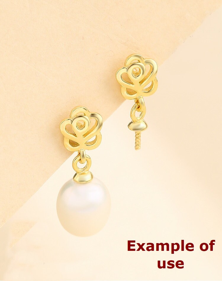 Rose Flower Pin Base Stud Earrings Setting Sterling Silver White Gold Fine 925 6x8mm For One Pearl Bead No Prongs DIY Jewelry Wholesale