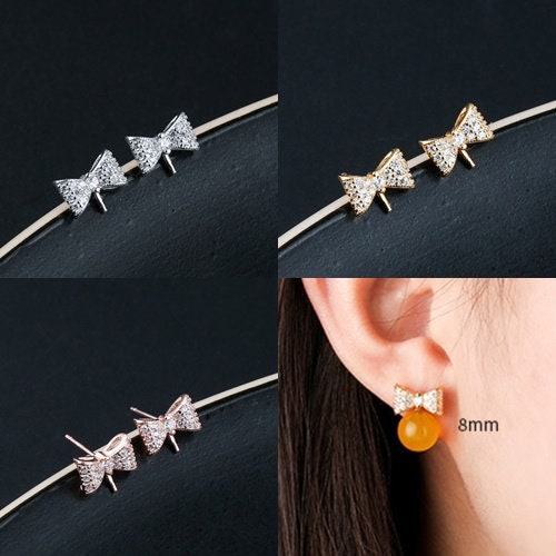 Crystals Bow-Knot Pin Earrings Stud Blank Setting Sterling Silver Gold Bezel Fine 925 4-8mm For One Pearl No Prongs DIY Jewelry Wholesale