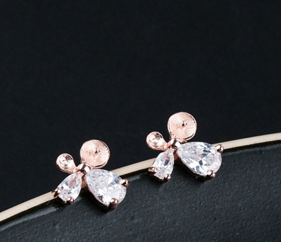 Crystals Butterfly Pin Cup Earrings Stud Setting Sterling Silver Rose Gold Fine 925 3-6mm For Two Beads No Prongs DIY Jewelry Wholesale